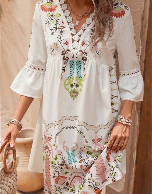 Load image into Gallery viewer, Lace Detail Printed Three-Quarter Sleeve Dress
