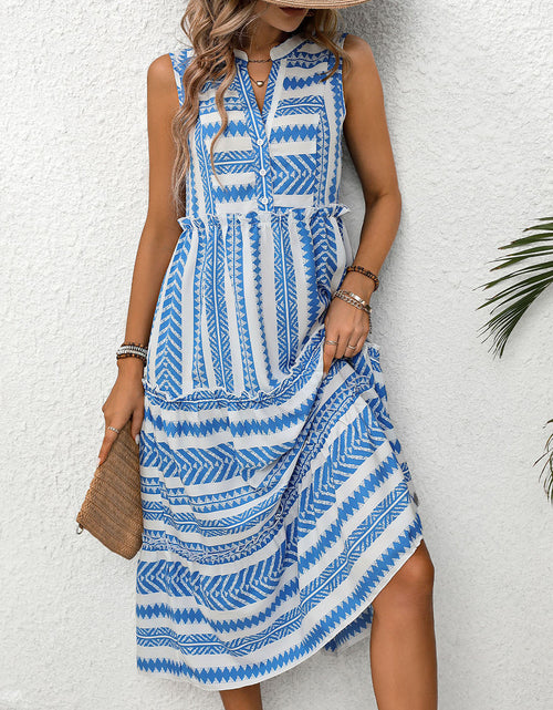 Load image into Gallery viewer, Perfee Frill Printed Notched Sleeveless Dress
