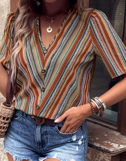 Load image into Gallery viewer, Shiny Printed V-Neck Button-Up Short Sleeve Top
