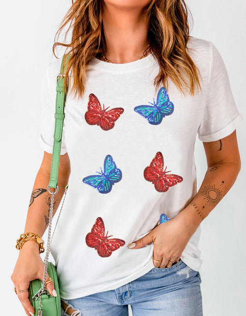 Load image into Gallery viewer, Sequin Butterfly Round Neck Short Sleeve T-Shirt
