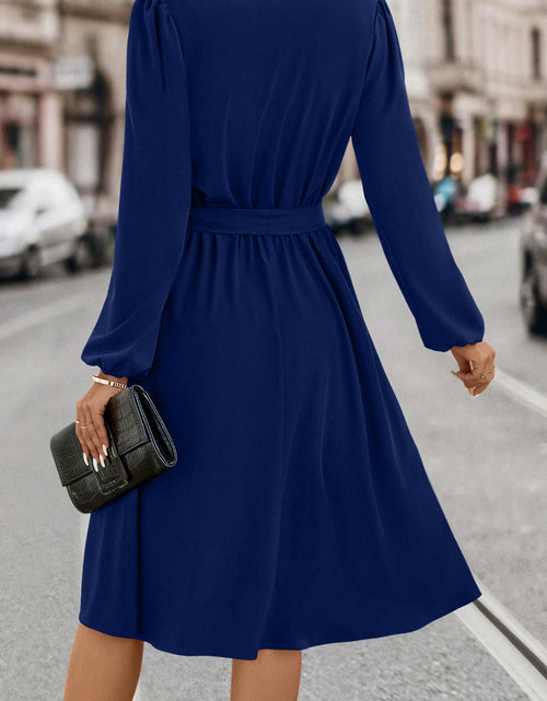 Load image into Gallery viewer, Tie Waist Notched Neck Long Sleeve Dress

