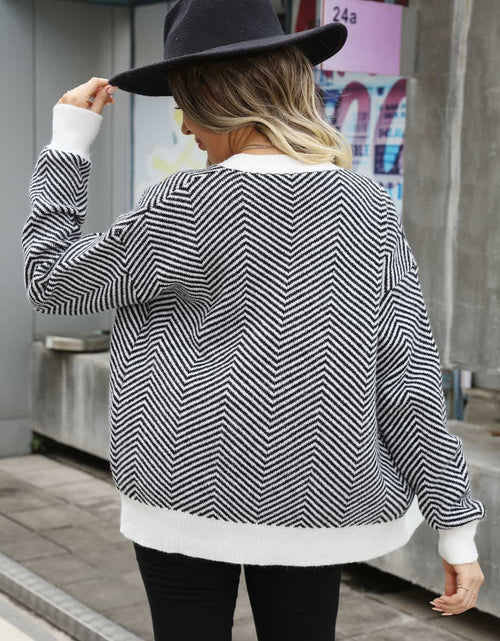 Load image into Gallery viewer, Angel Wings Striped V-Neck Dropped Shoulder Button-Up Cardigan
