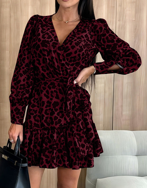 Load image into Gallery viewer, Tied Leopard Surplice Long Sleeve Dress
