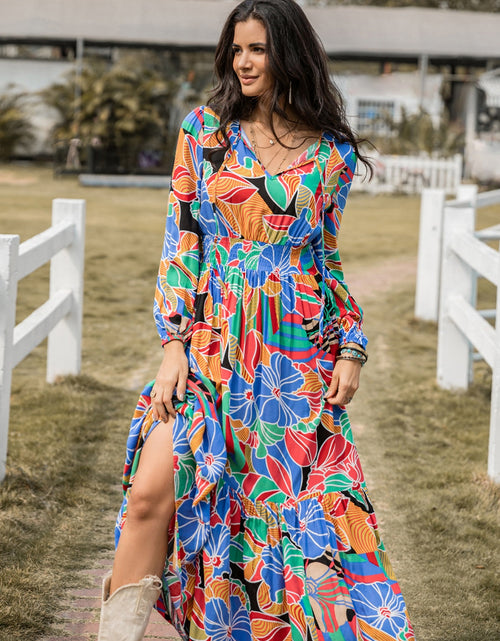Load image into Gallery viewer, Printed Smocked Tie Neck Balloon Sleeve Maxi Dress
