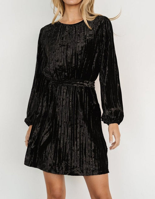 Load image into Gallery viewer, Velvet Round Neck Tie Waist Long Sleeve Mini Dress
