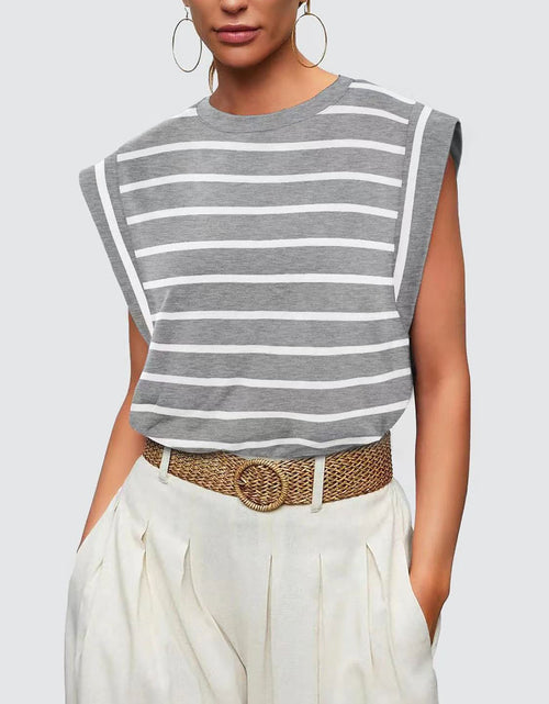 Load image into Gallery viewer, Striped Round Neck Cap Sleeve T-Shirt
