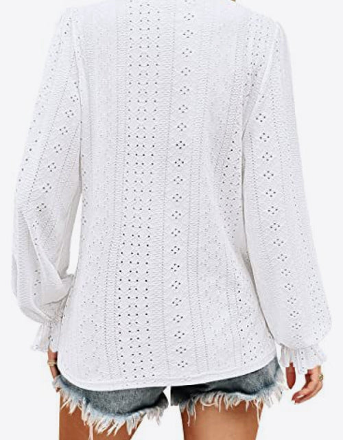 Load image into Gallery viewer, Eyelet V-Neck Flounce Sleeve Blouse
