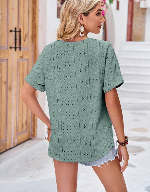 Load image into Gallery viewer, Buttoned Notched Neck Eyelet Top
