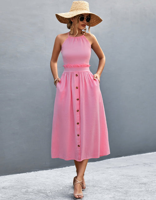 Load image into Gallery viewer, Buttoned Halter Neck Frill Trim Midi Dress
