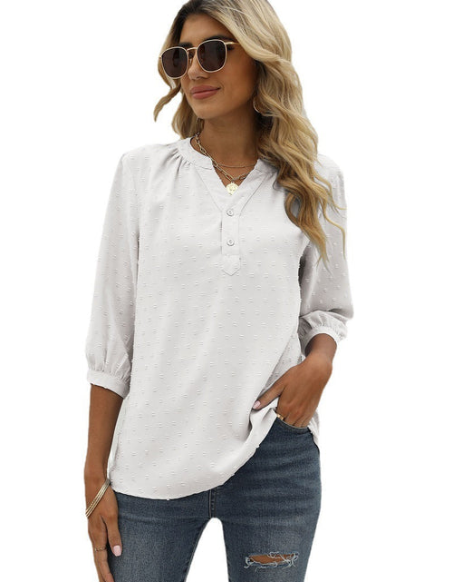 Load image into Gallery viewer, Swiss Dot Notched Neck Three-Quarter Sleeve Blouse
