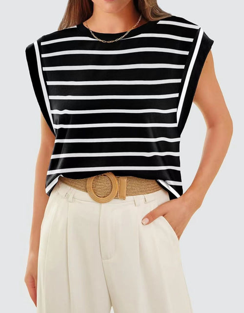 Load image into Gallery viewer, Florira Striped Round Neck Cap Sleeve T-Shirt
