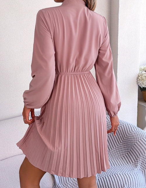 Load image into Gallery viewer, Tie Neck Balloon Sleeve Pleated Dress
