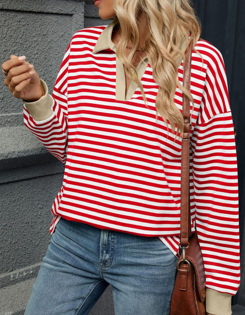 Load image into Gallery viewer, Striped Johnny Collar Long Sleeve Sweatshirt
