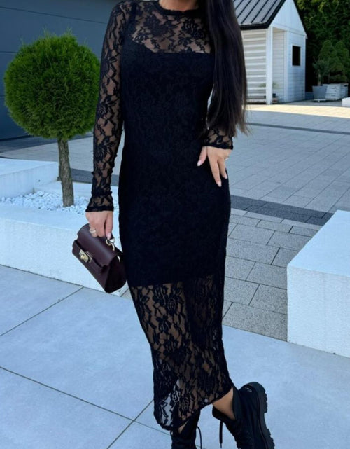 Load image into Gallery viewer, Lace Round Neck Long Sleeve Midi Dress
