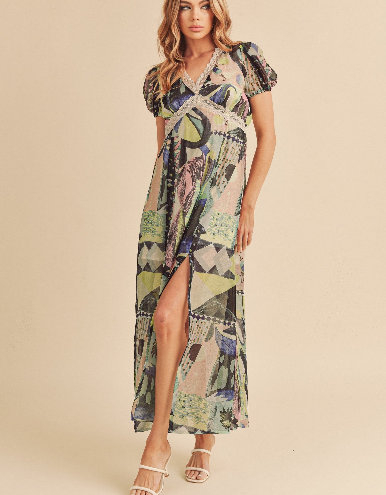 Aemi + Co Lace Detail Slit Geometric Print Short Sleeve Maxi Dress