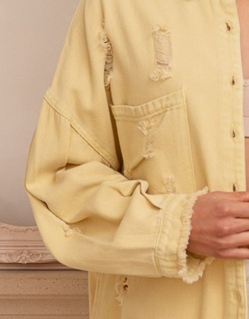Load image into Gallery viewer, POL Button Down Raw Hem Distressed Shacket
