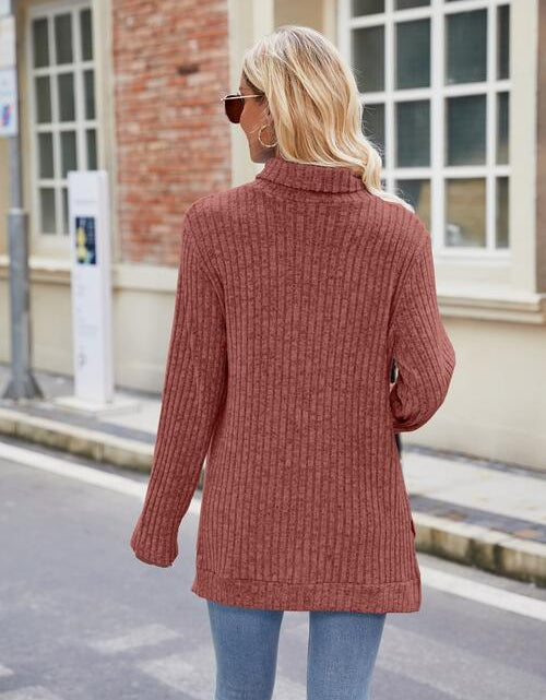 Load image into Gallery viewer, Ribbed Turtleneck Long Sleeve Slit Knit Top
