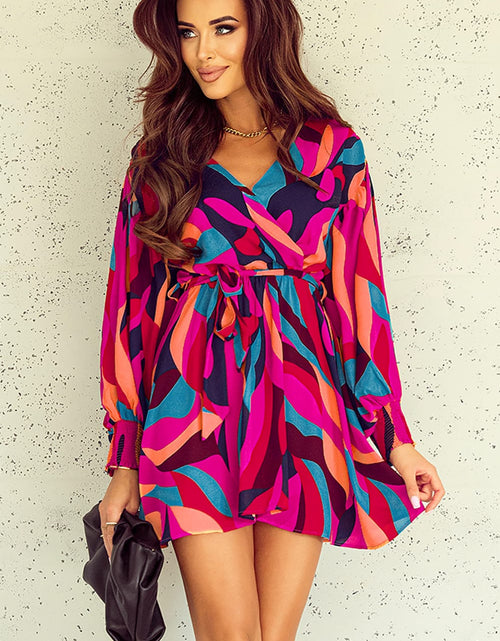 Load image into Gallery viewer, Printed Surplice Neck Tie Waist Dress
