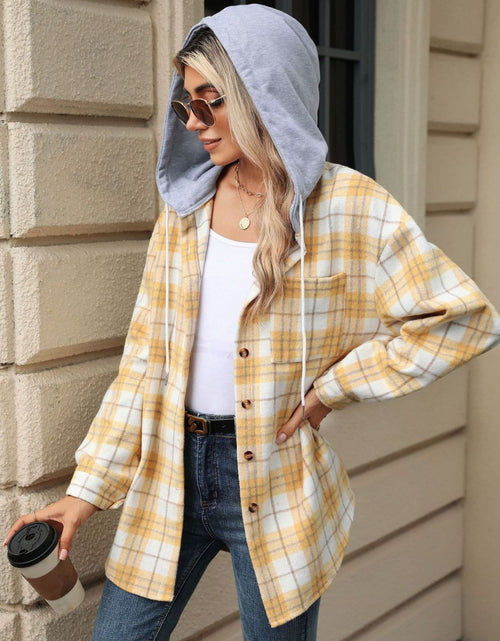Load image into Gallery viewer, Drawstring Plaid Button Up Hooded Jacket
