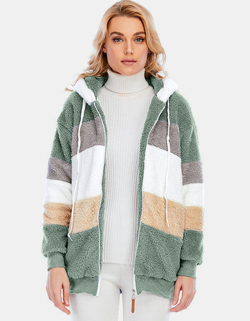 Load image into Gallery viewer, Full Size Drawstring Color Block Zip Up Hooded Outerwear
