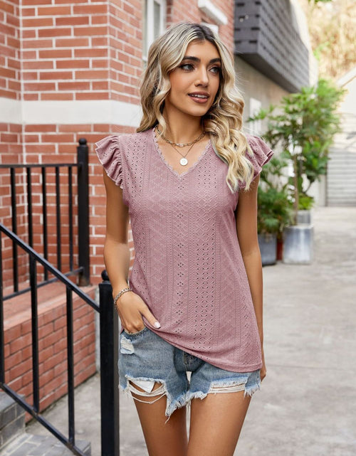 Load image into Gallery viewer, Eyelet Flutter Sleeve Scalloped V-Neck Top
