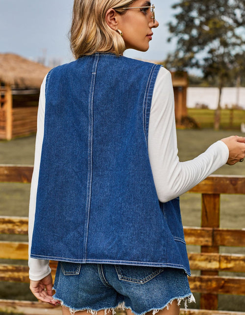 Load image into Gallery viewer, Pocketed Button Up Sleeveless Denim Jacket
