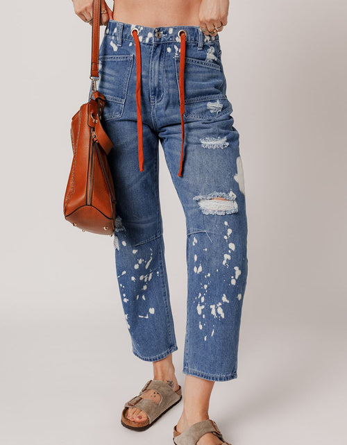 Load image into Gallery viewer, Distressed Splattering Paint Rope Waist Cropped Straight Jeans
