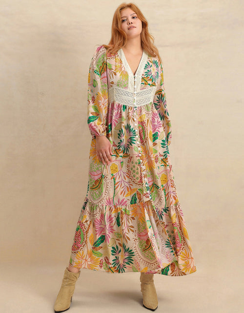Load image into Gallery viewer, Plus Size Lace Detail Printed V-Neck Balloon Sleeve Dress
