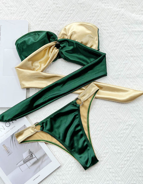 Load image into Gallery viewer, Two-Tone Ring Detail Tied Bikini Set
