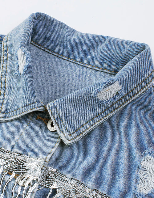 Load image into Gallery viewer, Sequin Fringe Trim Distressed Button Up Denim Jacket
