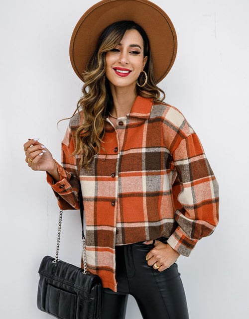 Load image into Gallery viewer, Shiny Plaid Button Up Collared Neck Jacket

