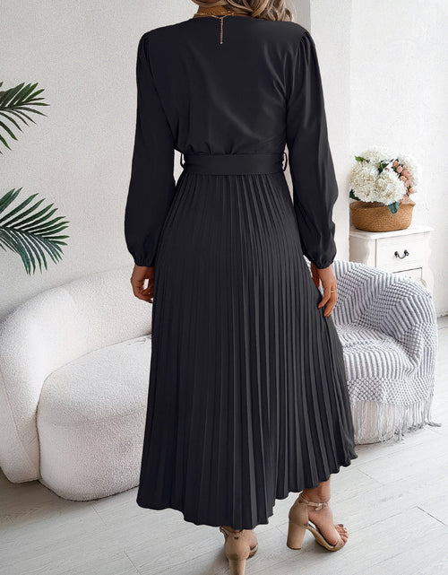 Load image into Gallery viewer, Pleated Tied V-Neck Long Sleeve Dress
