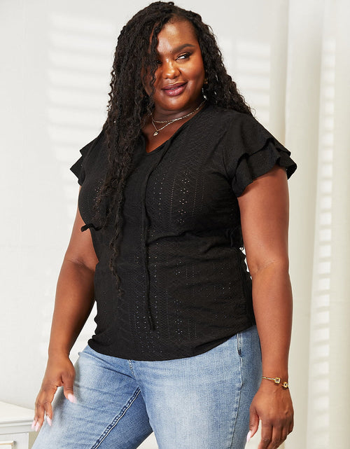 Load image into Gallery viewer, Mandy Eyelet Tie-Neck Flutter Sleeve Blouse
