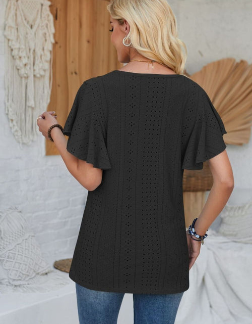 Load image into Gallery viewer, Eyelet Applique V-Neck Cap Sleeve T-Shirt
