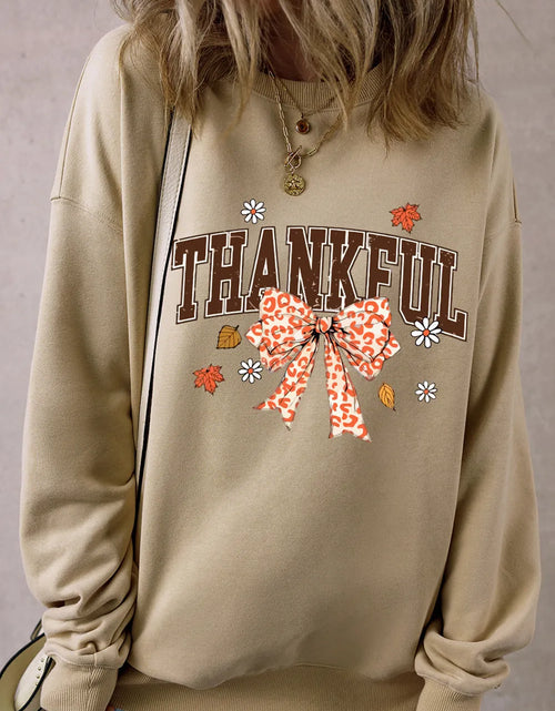 Load image into Gallery viewer, THANKFUL Bow Round Neck Long Sleeve Sweatshirt
