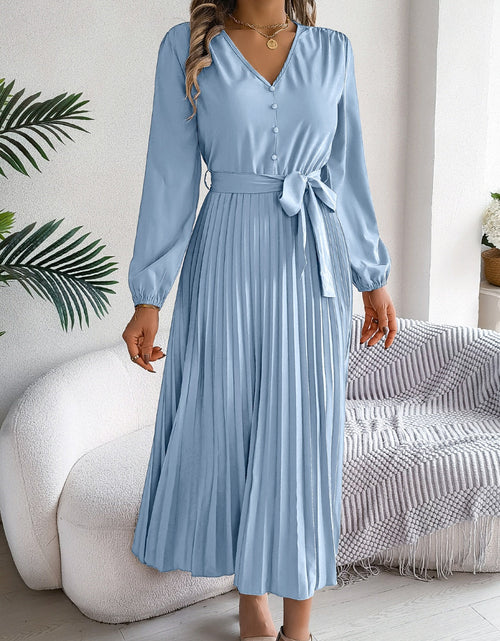 Load image into Gallery viewer, Pleated Tied V-Neck Long Sleeve Dress
