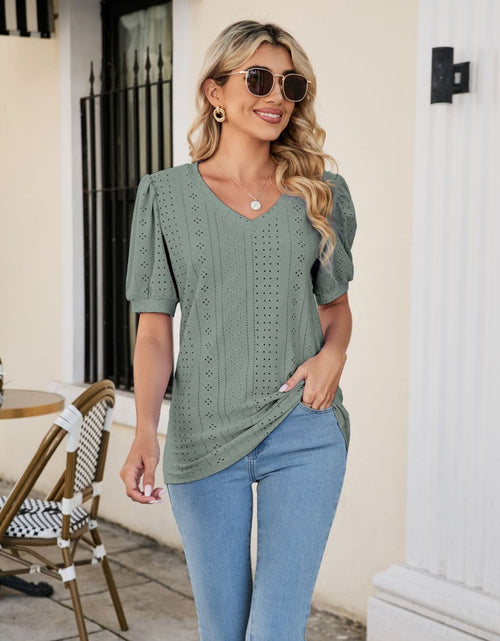 Load image into Gallery viewer, Eyelet Puff Sleeve V-Neck Top
