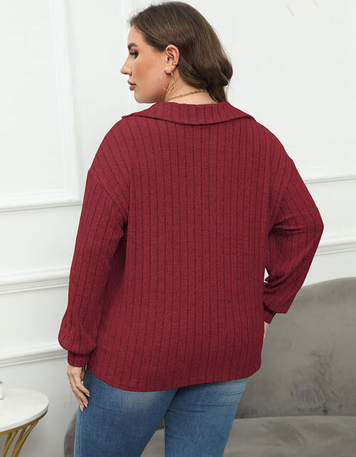 Load image into Gallery viewer, Plus Size Ribbed Collared Neck Long Sleeve Blouse
