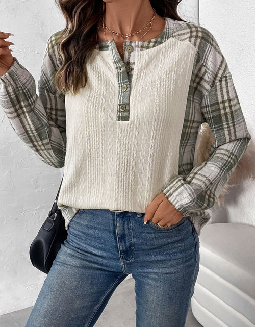 Load image into Gallery viewer, Perfee Plaid Half Button Long Sleeve T-Shirt
