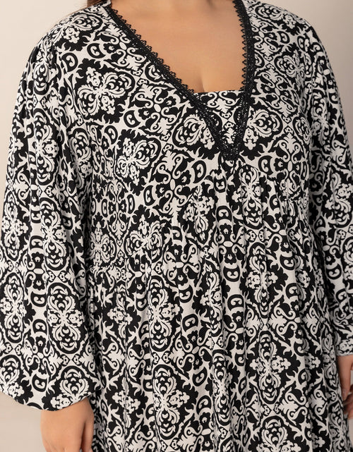 Load image into Gallery viewer, Plus Size Lace Detail Printed Balloon Sleeve Dress
