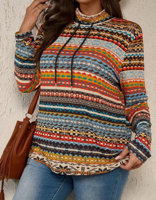 Load image into Gallery viewer, Plus Size Drawstring Printed Mock Neck Long Sleeve Top
