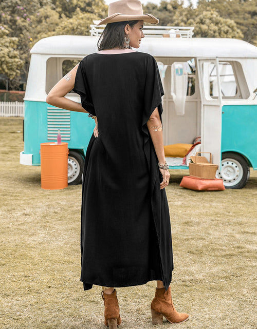 Load image into Gallery viewer, Contrast Trim Notched Slit Short Sleeve Midi Dress
