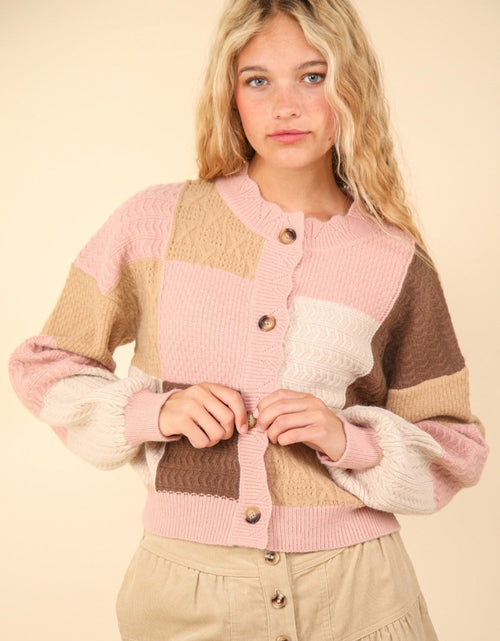Load image into Gallery viewer, VERY J Color Block Button Down Textured Sweater Cardigan
