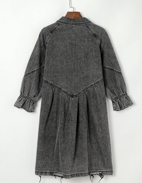 Load image into Gallery viewer, Distressed Collared Neck Flounce Sleeve Denim Dress
