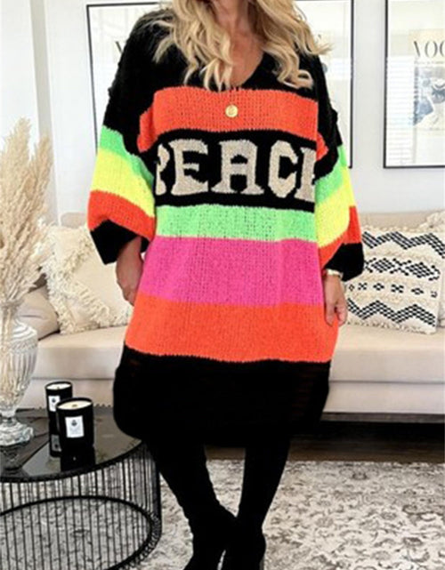 Load image into Gallery viewer, Color Block V-Neck Long Sleeve Sweater Dress
