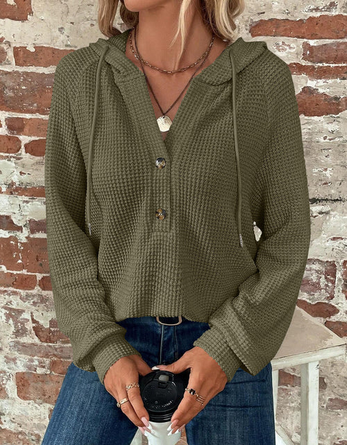 Load image into Gallery viewer, Waffle Knit Long Sleeve Drawstring Hooded Top
