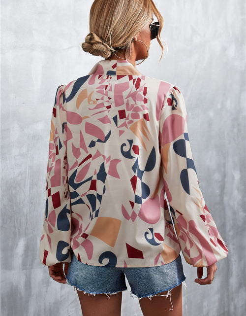 Load image into Gallery viewer, Printed Tie Neck Puff Sleeve Blouse
