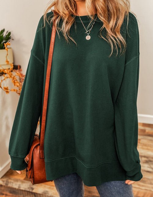 Load image into Gallery viewer, Round Neck Drop Shoulder Slit Sweatshirt
