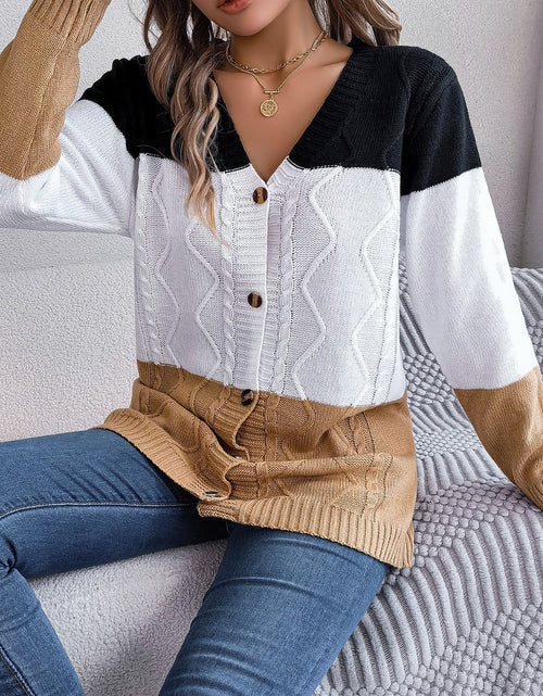 Load image into Gallery viewer, Cable-Knit Striped Button Up Cardigan
