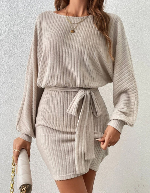 Load image into Gallery viewer, Round Neck Tie Waist Long Sleeve Mini Dress
